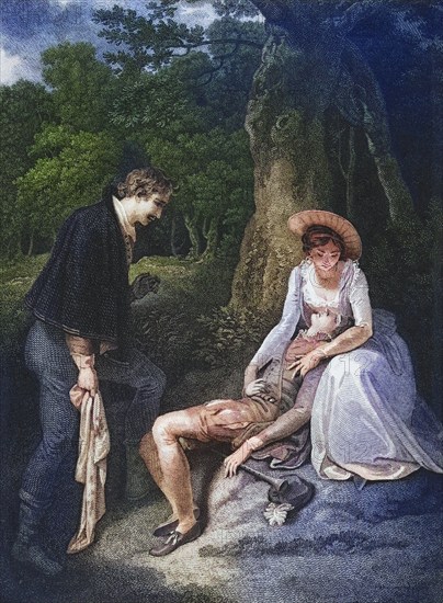 As you like it. Act IV. Scene III: The forest. Rosalind, Celia and Oliver. From the Boydell Shakespeare Gallery, published at the end of the 19th century, Historic, digitally restored reproduction from a 19th century original, Record date not stated