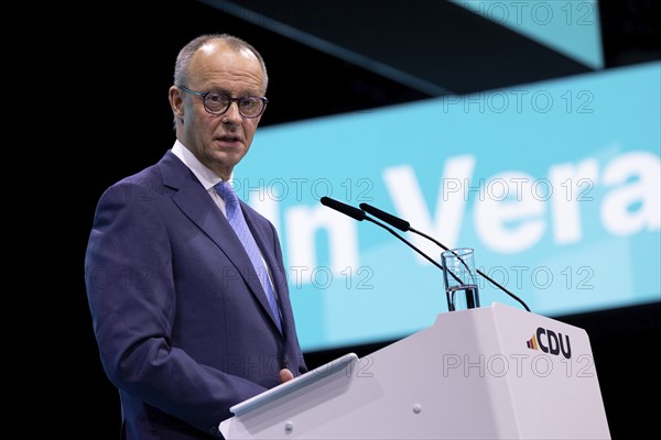 Berlin, Germany, 6 May 2024: Friedrich Merz, Chairman of the Christian Democratic Union of Germany (CDU), speaks during the CDU Germany 2024 party conference, Europe