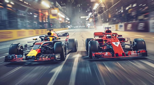 Two race cars are speeding down a track, auto racing competition, AI generated