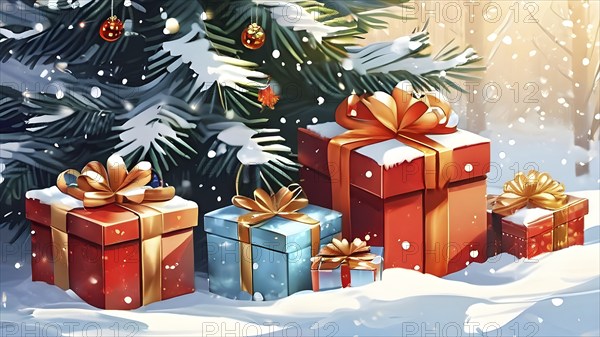 Abstract illustration of wrapped Christmas gifts, shiny ribbons and bows, stacked under a snow-dusted evergreen tree in a snowy outdoor setting, AI generated