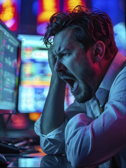 Stock trader in stress and panic in a market crash, AI generated