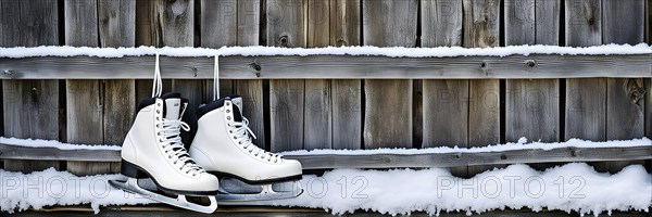 Pair of vintage ice skates hanging by their laces on an old wooden fence with frost and snow gently settled on the blades, AI generated