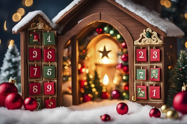 Traditional advent calendar door opening, showing a tiny festive scene inside with miniature decorations, AI generated