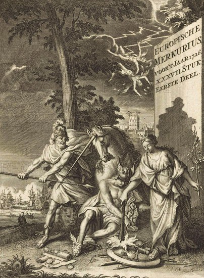 Dream of Mercury with Unicorn and Peace, by Andries van Damme, 1726, Historic, digitally restored reproduction from a 19th century original, Record date not stated