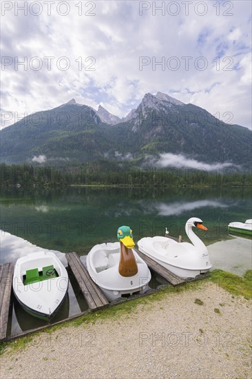 Jetty with boats at Hintersee, pedal boats, Ramsau, Berchtesgaden National Park, Berchtesgadener Land, Upper Bavaria, Bavaria, Germany, Europe