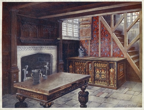 Furniture around the turn of the century 1900, Inlaid nonesuch chest, Carved drawing table, Carved mantelpiece, Earliest English wallpaper (1910-1911), Inlaid nonesuch chest, Carved 'drawing' table, Carved chimneypiece, Earliest English wallpaper (1910, 1911) .jpg