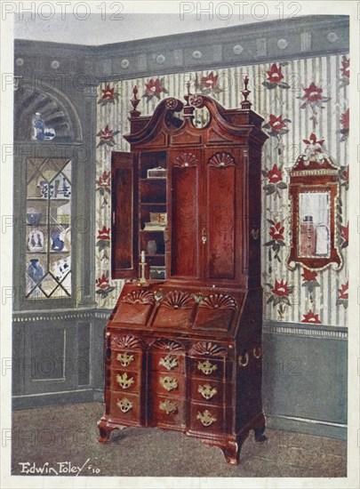 Furniture around the turn of the century 1900, Desk with block-front and mahogany cabinet top, mahogany and gilt constitution mirror (1910, 1911), Mahogany cabinet-topped block-front scrutoir, Mahogany and gilt constitution mirror (1910, 1911) .jpg