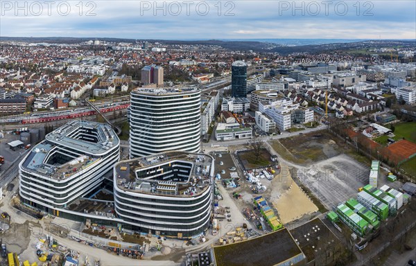 Allianz Park Stuttgart-Vaihingen. The high-rise building has 17 floors and is flanked by two neighbouring buildings. The campus-like ensemble is designed for 4, 500 employees. Because 90 per cent of employees work from home at least some of the time, the need for office space is reduced, Stuttgart, Baden-Württemberg, Germany, Europe