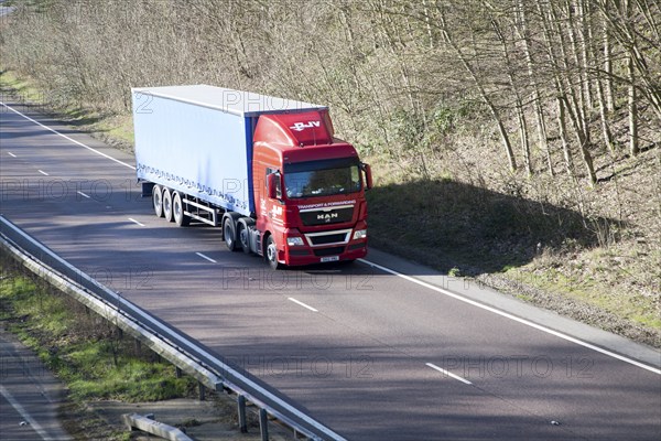 MAN Transport and Forwarding heavy good vehicle on A12 road, Suffolk, England, United Kingdom, Europe