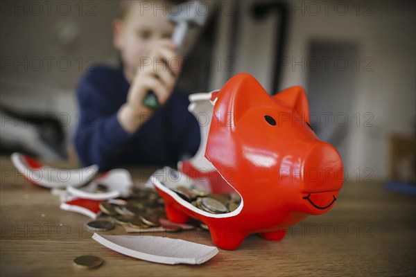 Symbolic photo on the subject of saving. A boy smashes his savings slip and counts the money it contains. Berlin, 10.02.2024