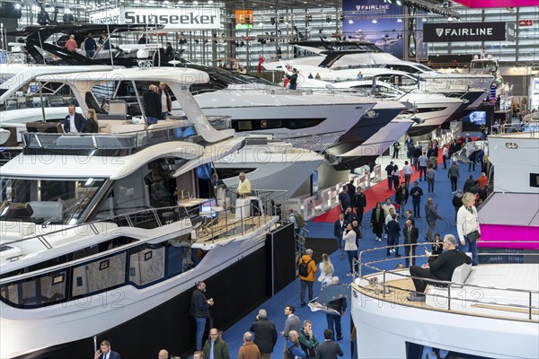 Large yachts, luxury yachts, in Hall 6 of BOOT 2024, the world's largest yacht and water sports trade fair in Düsseldorf, North Rhine-Westphalia, Germany, Europe