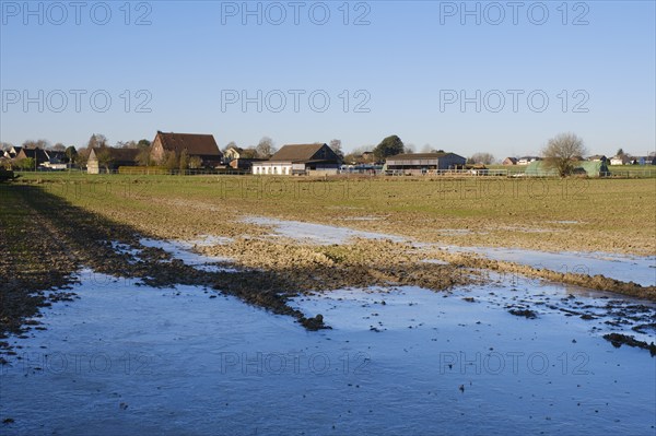 Large frozen area of water in the field, flooding, Lanstrop, Dortmund, Ruhr area, North Rhine-Westphalia, Germany, Europe