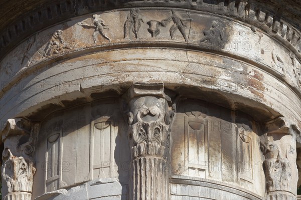 Frieze with figures, detail of the Lysicrates monument from 334 BC, Plaka Old Town, Athens, Greece, Europe