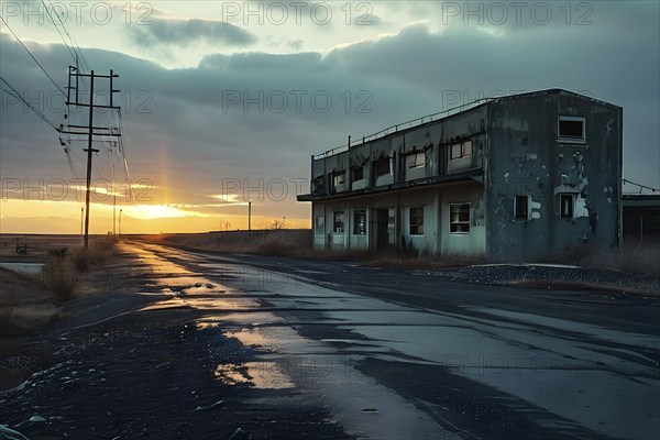 Abandoned military base at the end of an empty road enveloped in the silence of the area, AI generated