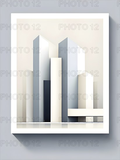 Minimalist architectural composition of modern buildings, with clean angles, rendered in geometric forms and soft hues of grey, cream, and light blue, AI generated