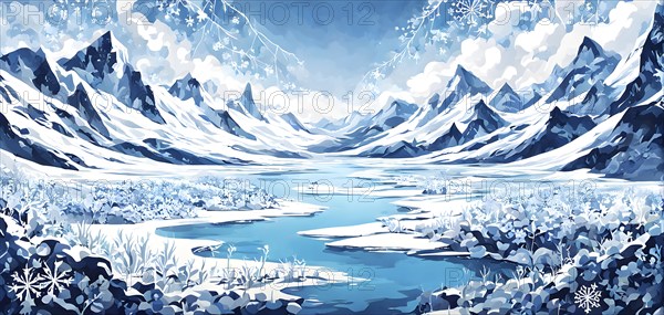 Abstract illustration of dreamy, icy landscape with swirling blues, whites, and silvers, evoking the feeling of a cold winter's breeze, AI generated