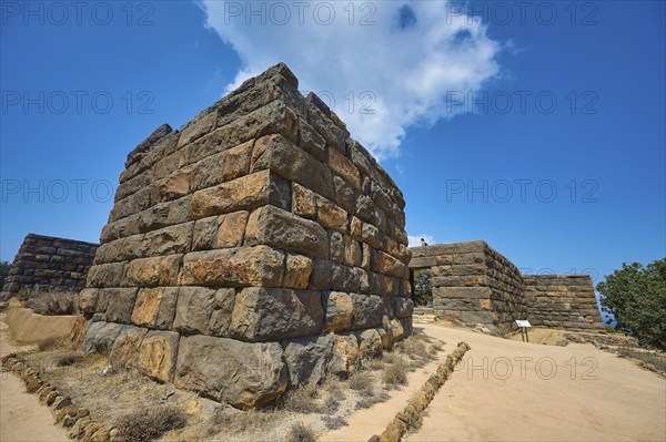 Ancient ruined wall under a clear blue sky, Palaiokastro, Ancient fortress, 3rd and 4th century BC, above Mandraki, Nisyros, Dodecanese, Greek Islands, Greece, Europe