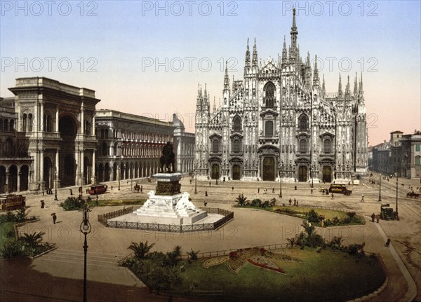 Piazza del Duomo, Milan, Italy, Milan, Italy, Historic, digitally restored reproduction from a 19th century original, 1880, Record date not stated, Europe