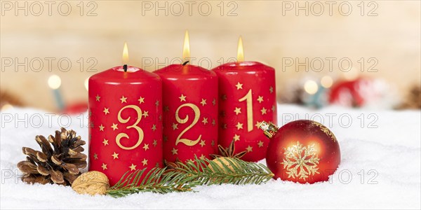 Third 3rd Advent with candle Christmas decoration Christmas card for Christmas time Panorama with text free space Copyspace in Stuttgart, Germany, Europe