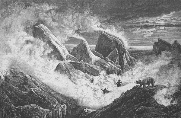 Snowstorm in the pack ice on a winter night in 1873, Polar bear. Barents Sea, Arctic, Austro-Hungarian polar expedition with Captain Carl Weyprecht, 1872, 1873, Historical, digitally restored reproduction from a 19th century original, Record date not stated