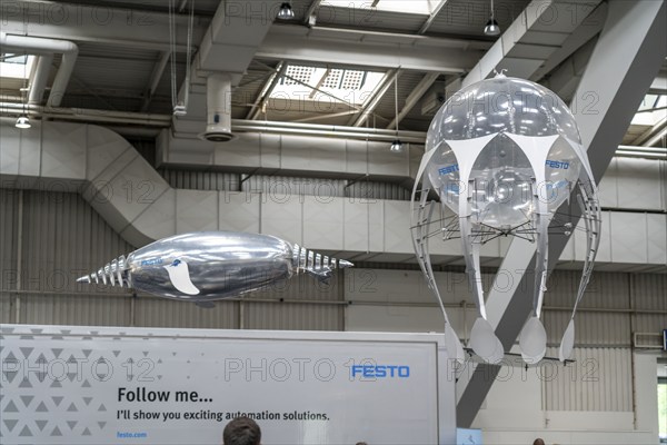 Mechanical flying objects, filled with helium, controlled by fine mechanics, movements copied from animals, birds, fish, bionics applied, to illustrate technical processes, by automation specialists Festo, at the Hannover Messe, Lower Saxony, Germany, Europe