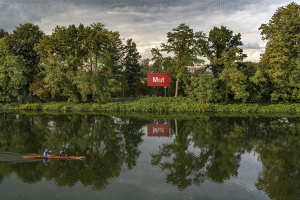 The Rhine-Herne Canal in Gelsenkrichen, art project Bilder am Kanal, courage, panel no. 9/15, opposite the Bismarck harbour, project of the Kulturkanal, part of the Capital of Culture RUHR.2010, North Rhine-Westphalia, Germany, Europe