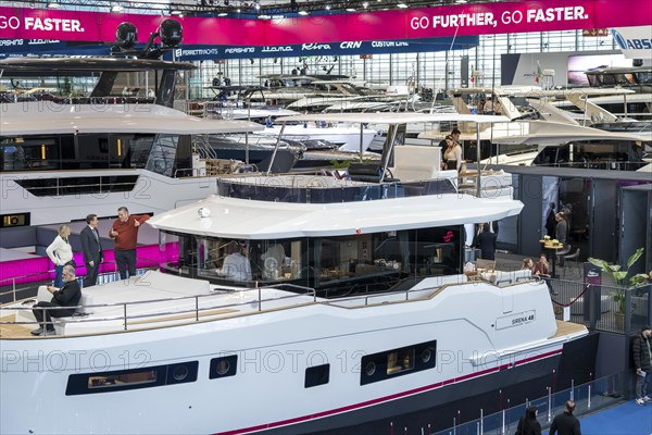 Large yachts, luxury yachts, in Hall 6 of BOOT 2024, the world's largest yacht and water sports trade fair in Düsseldorf, North Rhine-Westphalia, Germany, Europe