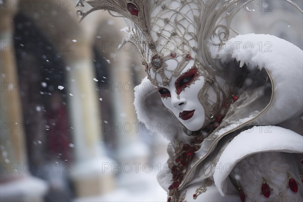 A person adorned in a richly detailed and colorful carnival costume, complete with an elaborate mask, participates in the iconic Venice Carnival with snowfall, AI generated