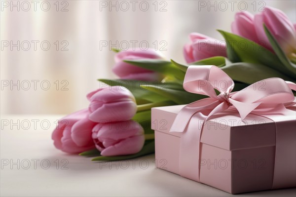 Gift Box with Pink Ribbon Beside bouquet of Fresh Tulips on Bokeh Background. Good for Valentine day, March 8, mother day, spring holidays, birthday designs, AI generated