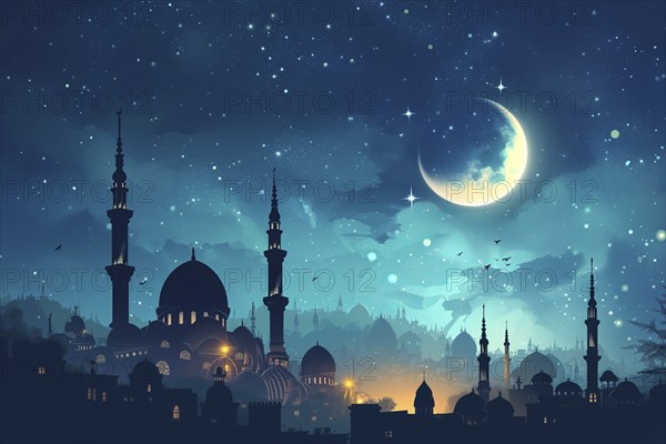 Ramadan with a mosque silhouetted against a starry night sky, illuminated by the crescent moon, AI generated