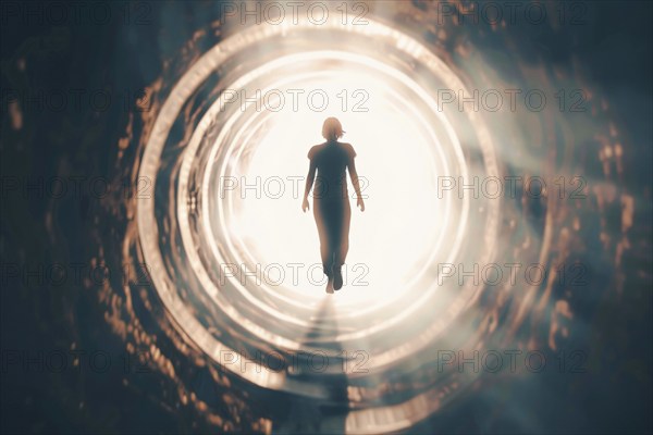 A woman walks through a tunnel into the light, symbolic image for near-death experience, death, grief, separation, psychology, parapsychology, idea of the afterlife, AI generated, AI generated, AI generated