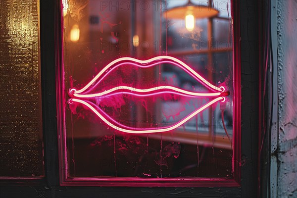 Pink neon light in shape of kiss lips hanging in window of bar at night. KI generiert, generiert, AI generated