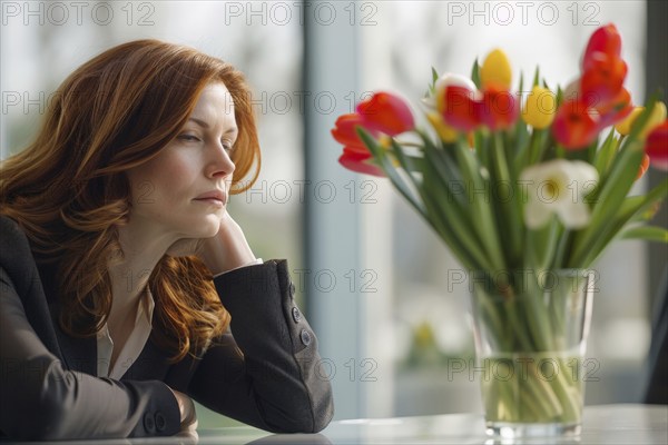 An overtired businesswoman sits dozing at a table, next to a vase of flowers with tulips and daffodils, a symbolic image for spring tiredness, AI generated, AI generated, ai generated, AI generated