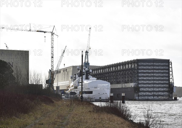 Megayacht, superyacht in a shipyard on the Kiel Canal, Kiel Canal, Schleswig-Holstein, Germany, Europe