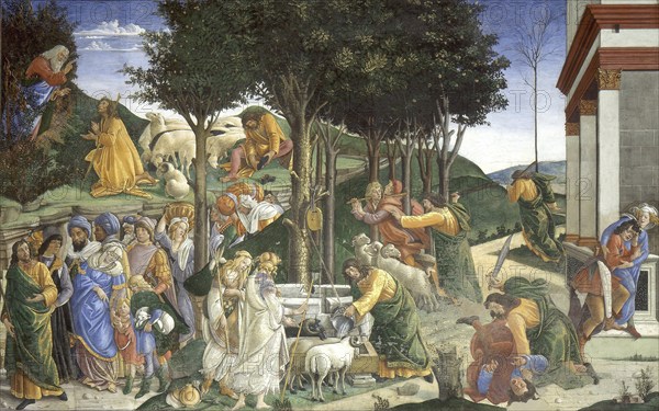 Begebenheiten aus dem Leben des Mose des Mose, Fresko aus der Sixtinischen Kapelle, Incidents from the life of Moses, fresco from the Sistine Chapel, Painting by Sandro Botticelli (1 March 1445, 1510), one of the most important Italian painters and draughtsmen of the early Renaissance, Historic, digitally restored reproduction from an original, Record date not stated