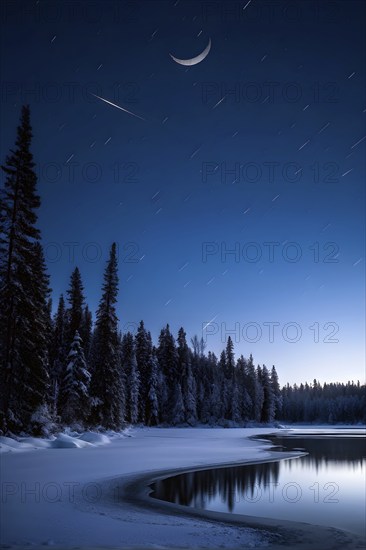 Tranquil winter night scene with a crescent moon and stars shining brightly over a frozen lake, with a line of snow-covered pine trees reflected in the lake, AI generated