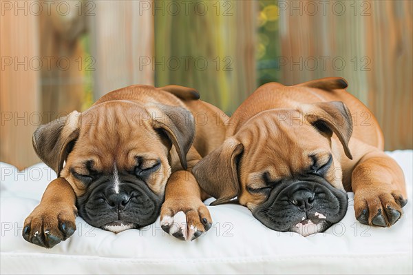 Two cute boxer pups sleeping on cushions, AI generated