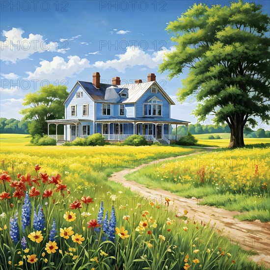 AI generated illustration of colorful countryside houses nestled in a spring or summer scenery with blooming flowers