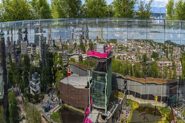 The Boijmans Van Beuningen depot in Rotterdam, show depot of the Boijmans Van Beuningen art museum, over 15, 000 exhibits that are not on display in the museum are presented here, exterior façade with 1664 curved reflective glass panes, birch forest on the roof, Netherlands