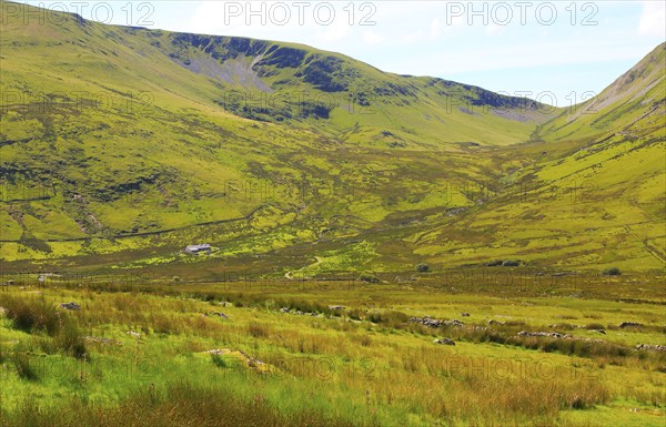 Upland landscape view to Foel Gron mountain, Mount Snowdon, Gwynedd, Snowdonia, north Wales, UK