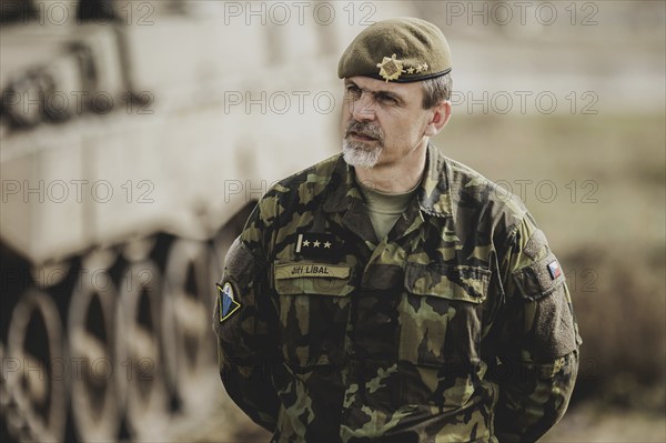 Colonel Jiri Libal, Commander 4th Rapid Deployment Brigade, photographed as part of a Bundeswehr exercise with forces from Norway and the Czech Republic during the 'Wettiner Schwert' exercise as part of Quadriga 2024 in the training town of Schnöggersburg, 8 April 2024