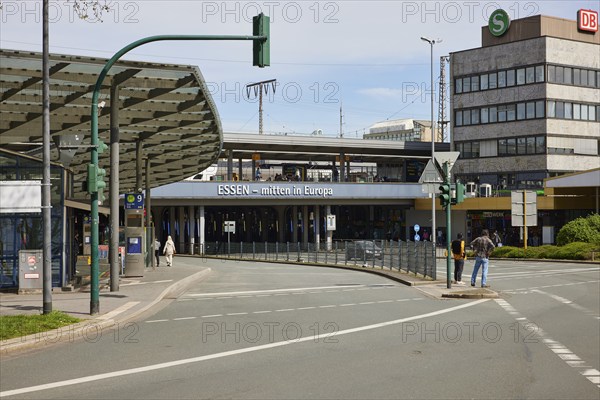 Bus station with Essen lettering, in the centre of Europe and back of the main railway station in Essen, Ruhr area, independent city, North Rhine-Westphalia, Germany, Europe