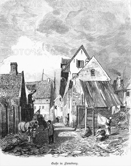 Alley in Flensburg, Schleswig-Holstein, alleyway scene, cobblestones, horse, woman, clothesline, Germany, historical illustration 1880, Europe