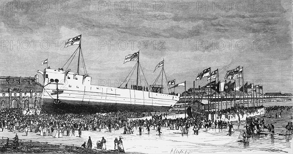 Christening of the armoured frigate Großer Kurfürst, Bremerhaven, Lower Saxony, North Sea, name, shipyard, harbour, Imperial Navy, warship, three-master, flags, crowd, Germany, historical illustration 1880, Europe