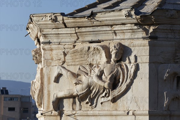 Wind god Lips, south-west wind, relief on the Tower of the Winds, Roman Agora, Athens, Greece, Europe