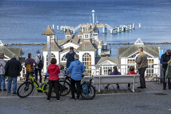 The pier of Sellin, 394 metres long, with restaurant, jetty, tourists, island of Rügen, Mecklenburg-Western Pomerania, Germany, Europe