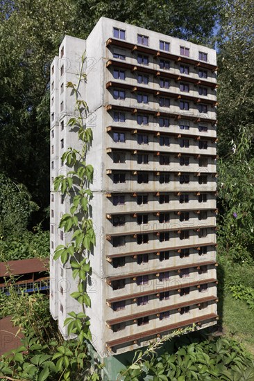 Already demolished residential tower in miniature format, art installation Neustadt by Marta Dyachenko and Julius von Bismarck on the Emscherkunstweg, Landschaftspark Duisburg-Nord, Duisburg, North Rhine-Westphalia, Germany, Europe