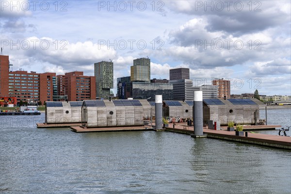 Floating hotel rooms, Wikkelboat in the Rijnhaven, the Rijnhaven, a 28-hectare harbour basin, has now been filled in by almost a third to create space for up to 3, 000 flats, there will be an artificial beach, a floating park connected by jetties, restaurants and shops, cultural facilities, a major urban development project in the old harbour, the Rijnhaven borders on the popular Kop van Zuid and Katendrecht districts, Rotterdam, Netherlands