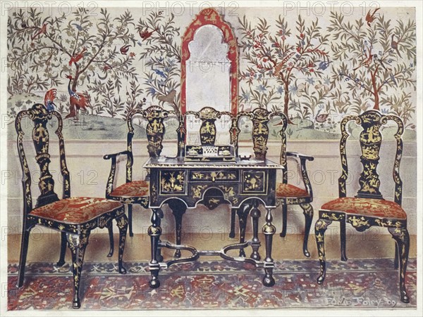 Furniture around the turn of the century 1900, Sofa, chairs and table in black lacquer, mirror in red lacquer (1910, 1911), Black lacquer settee, chairs and table, red lacquer mirror (1910, 1911) .jpg