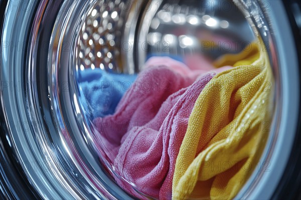 Close up of colorful clothes in washing machine. Generative Ai, AI generated